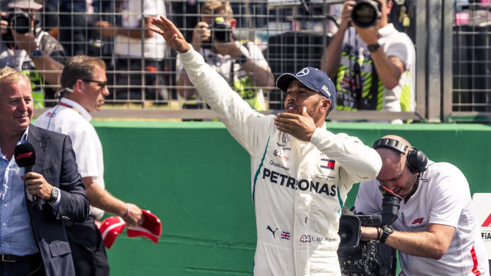 www.sutton-images.com
Pole sitter Lewis Hamilton (GBR) Mercedes-AMG F1 celebrates in parc ferme at