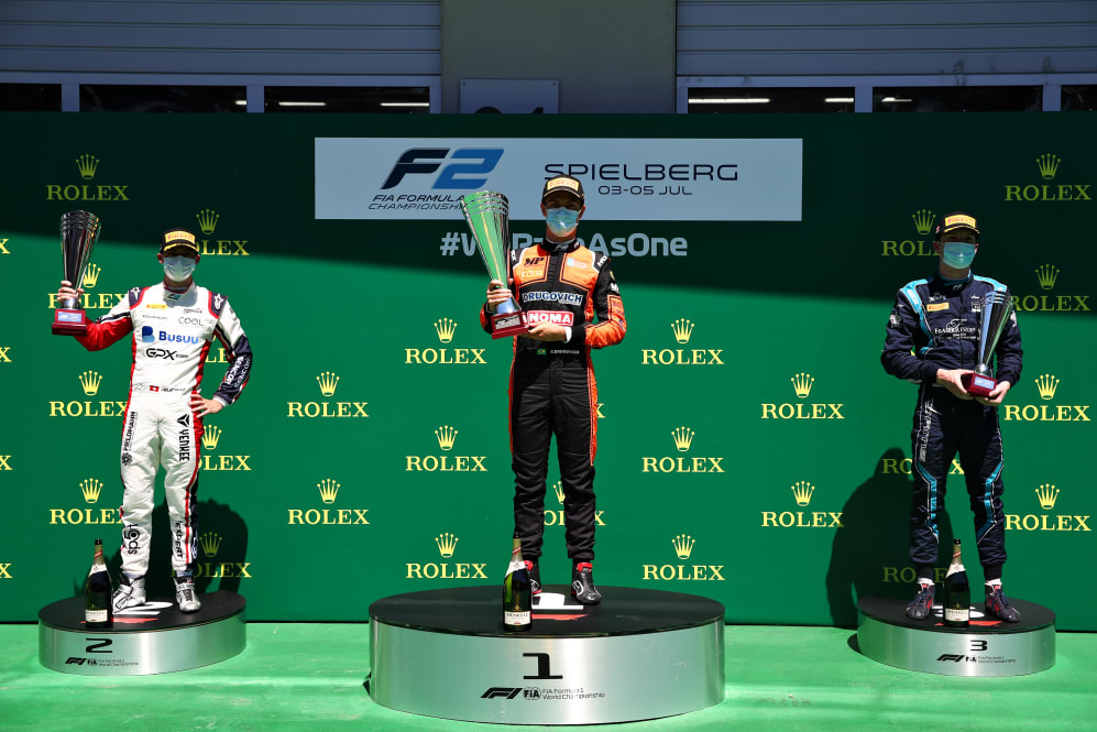 SPIELBERG, AUSTRIA - JULY 05: Race winner Felipe Drugovich of Brazil and MP Motorsport, second