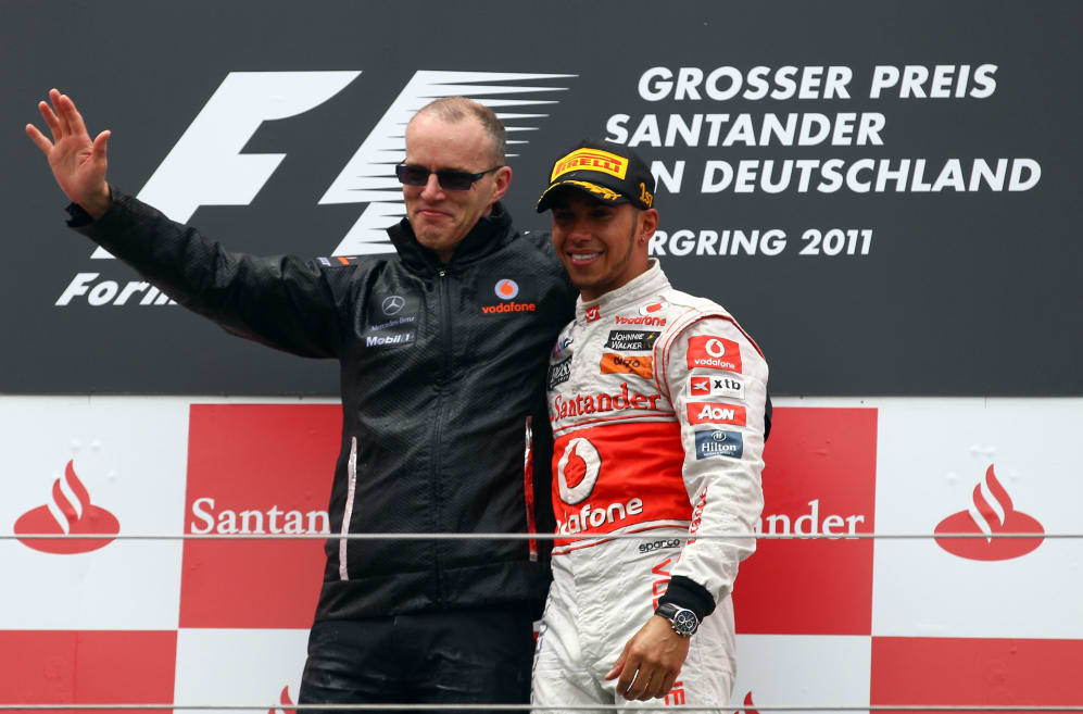 NUERBURG, GERMANY - JULY 24: Race winner Lewis Hamilton (right) of Great Britain and McLaren