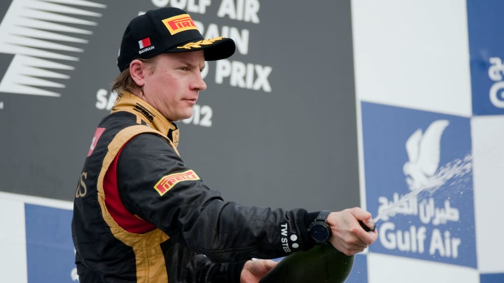 SAKHIR, BAHRAIN - APRIL 22: Kimi Raikkonen of Finland and Lotus celebrates 2nd place during the