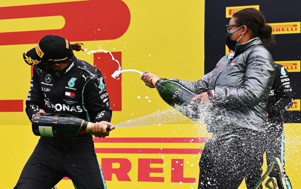 SPIELBERG, AUSTRIA - JULY 12: Lewis Hamilton of Great Britain and Mercedes GP celebrates on the