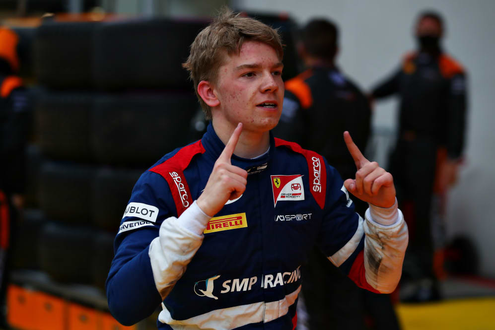 SPIELBERG, AUSTRIA - JULY 11: Race winner Robert Shwartzman of Russia and Prema Racing celebrates