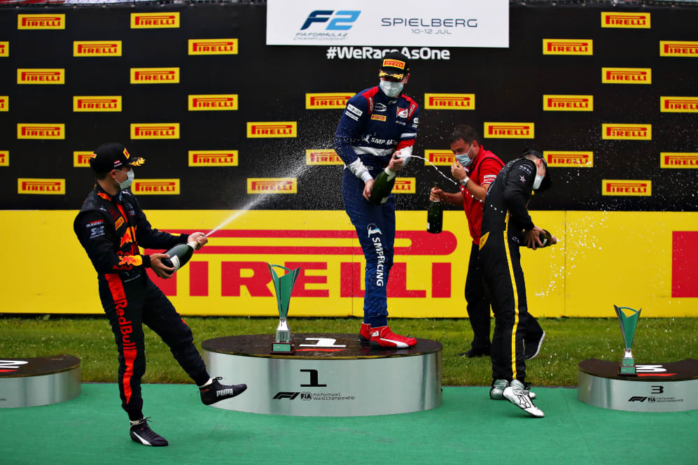 SPIELBERG, AUSTRIA - JULY 11: Race winner Robert Shwartzman of Russia and Prema Racing (centre)