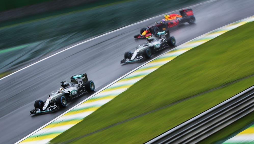 SAO PAULO, BRAZIL - NOVEMBER 13: Lewis Hamilton of Great Britain driving the (44) Mercedes AMG