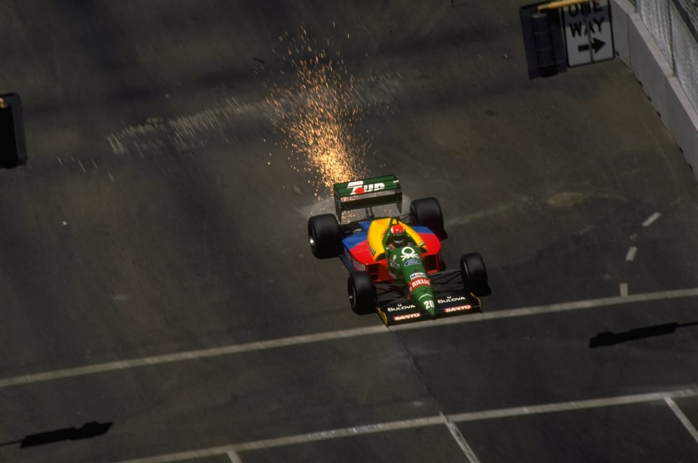 1989: Johnny Herbert of Great Britain sets sparks flying in his Benetton Cosworth during the