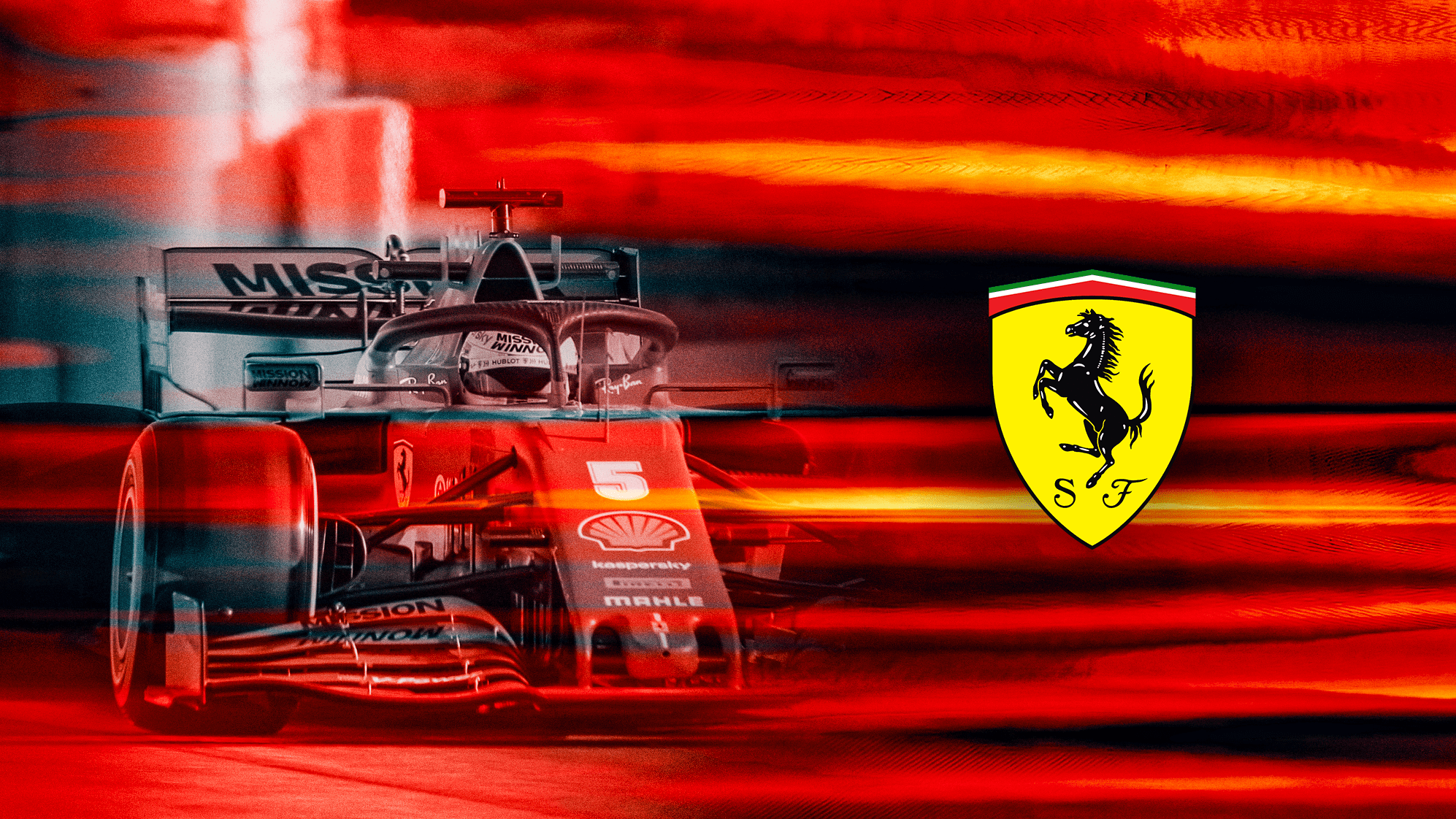 El Ferrari de Sebastian Vettel junto con el logo de Ferrari