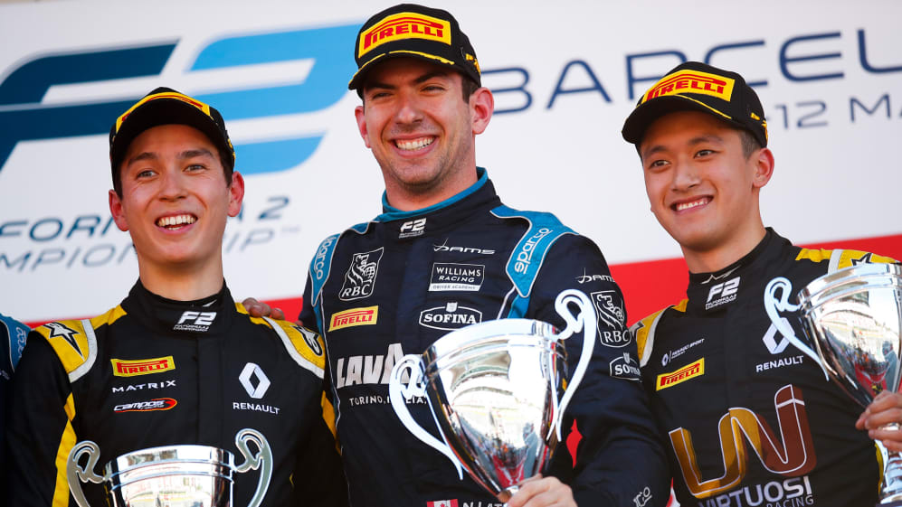 BARCELONA, SPAIN - MAY 11: 06 Nicholas Latifi of DAMS, 07 Guanyu Zhou of UNI-Virtuosi Racing and 15