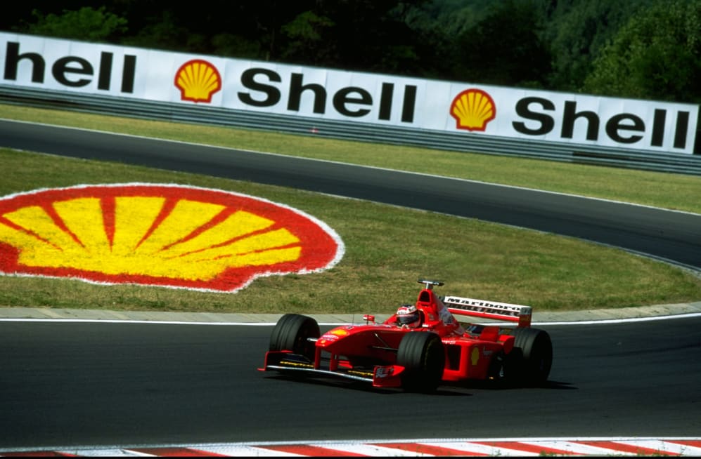 16 Aug 1998: Ferrari driver Michael Schumacher takes the bend during the Hungarian Grand Prix at