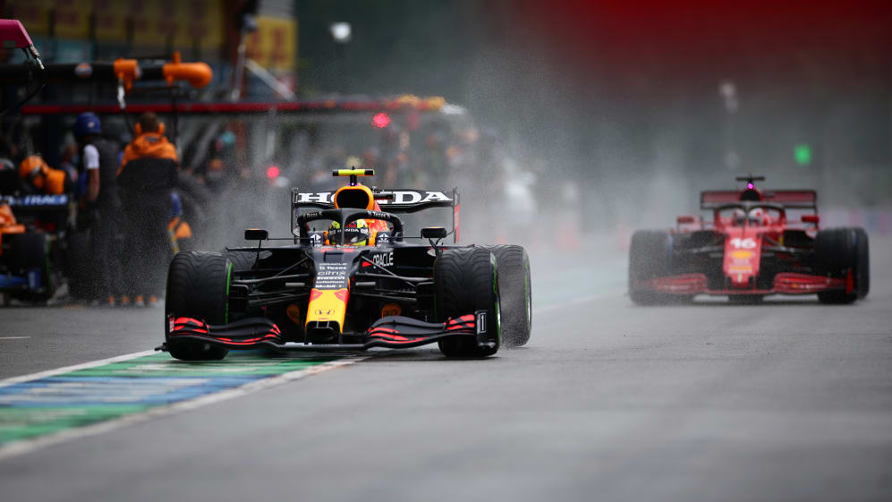 SPA, BELGIUM - AUGUST 28: Sergio Perez of Mexico driving the (11) Red Bull Racing RB16B Honda in