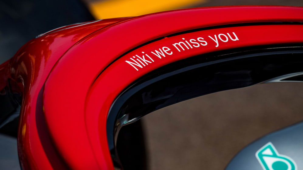 The car of Mercedes' Finnish driver Valtteri Bottas with a red halo and the lettering 'Niki we miss