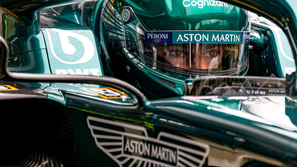 Lance Stroll, Aston Martin AMR21 shakedown at Silverstone,