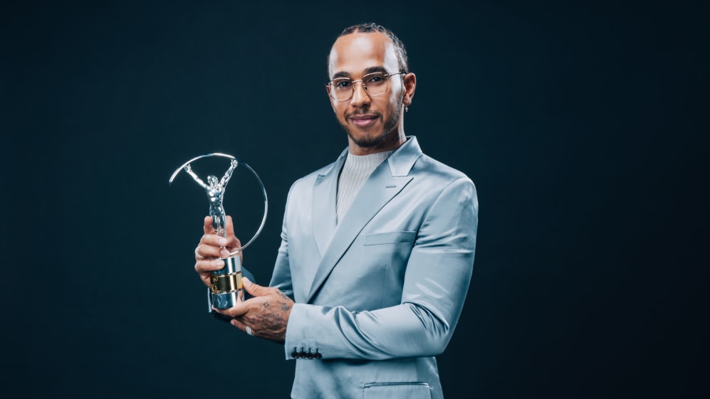 BERLIN, GERMANY - FEBRUARY 17: Laureus World Sportsman of the Year winner Lewis Hamilton poses