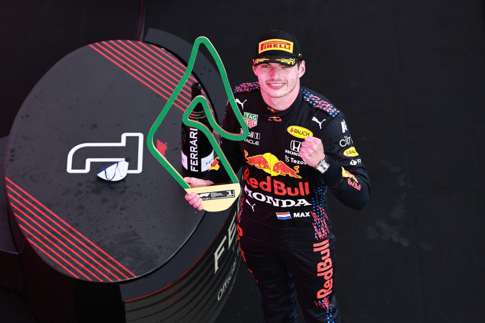 The race winners trophies of Max Verstappen of Netherlands and Red