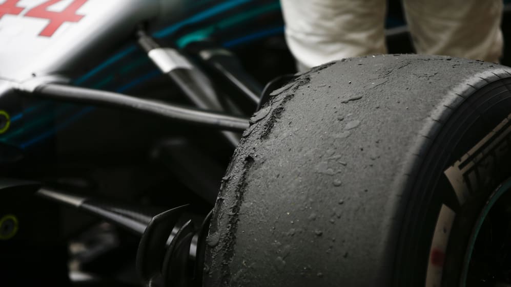 AUTà ³DROMO JOSà © CARLOS PACE, BRAZIL - NOVEMBER 11: The worn front tyre of Lewis Hamilton,