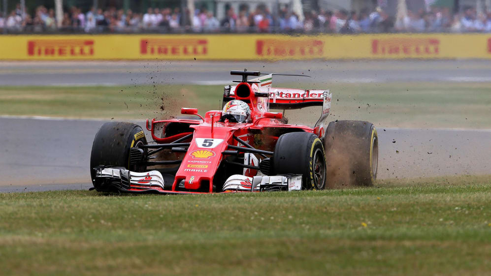 Sebastian Vettel (GER) Ferrari SF70-H with runs wide front delaminating tyre at Formula One World