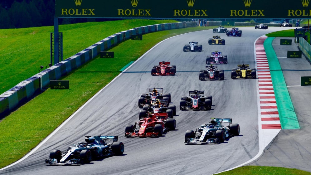 Lewis Hamilton (GBR) Mercedes-AMG F1 W09 EQ Power+ leads at the start of the race at Formula One