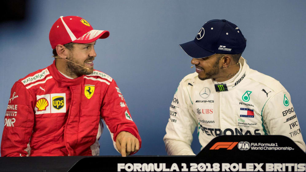 Sebastian Vettel (GER) Ferrari and Lewis Hamilton (GBR) Mercedes-AMG F1 in the Press Conference at