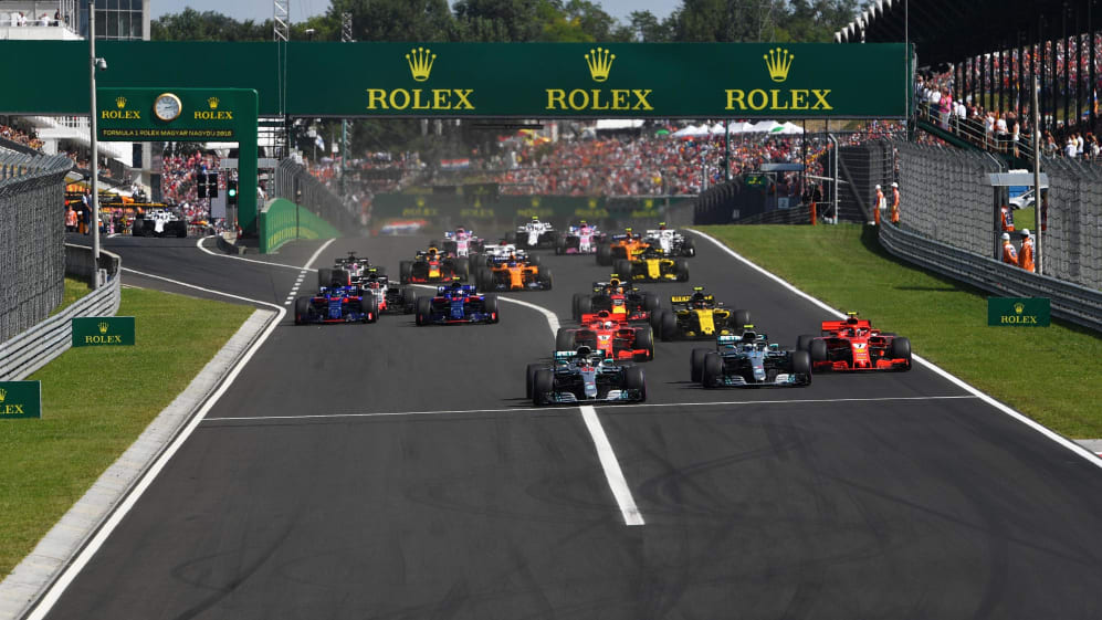 Lewis Hamilton (GBR) Mercedes-AMG F1 W09 EQ Power+ leads at the start of the race at Formula One