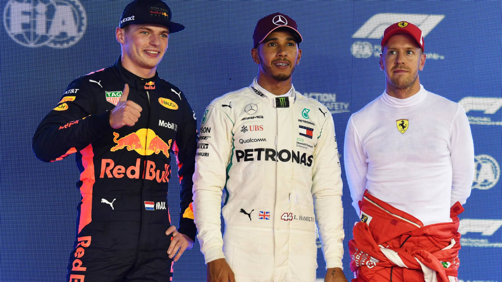 (L to R): Max Verstappen, Red Bull Racing, Lewis Hamilton, Mercedes AMG F1 and Sebastian Vettel,