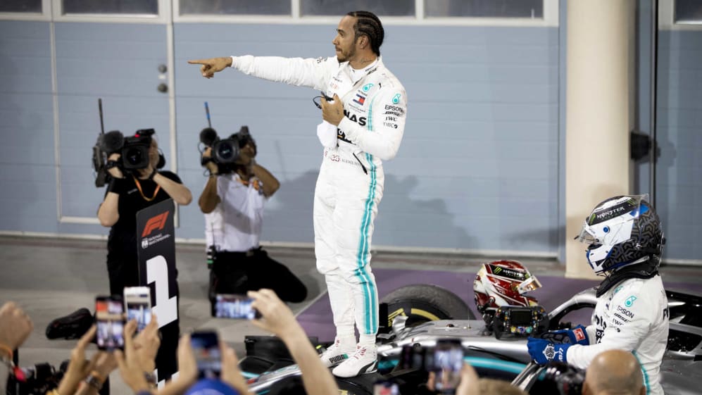 BAHRAIN INTERNATIONAL CIRCUIT, BAHRAIN - MARCH 31: Lewis Hamilton, Mercedes AMG F1, 1st position,