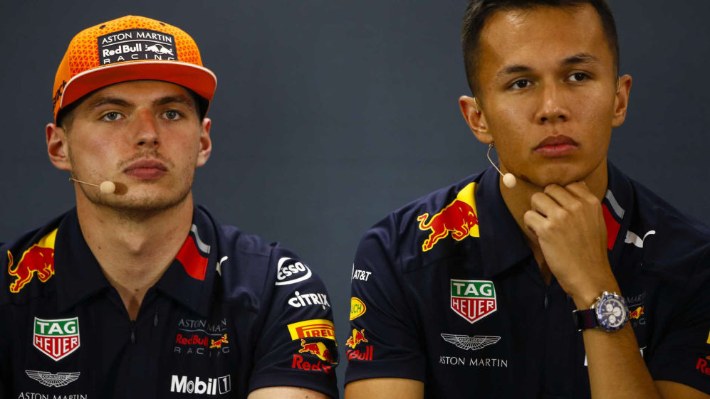 SPA-FRANCORCHAMPS, BELGIUM - AUGUST 29: Max Verstappen, Red Bull Racing, and Alexander Albon, Red