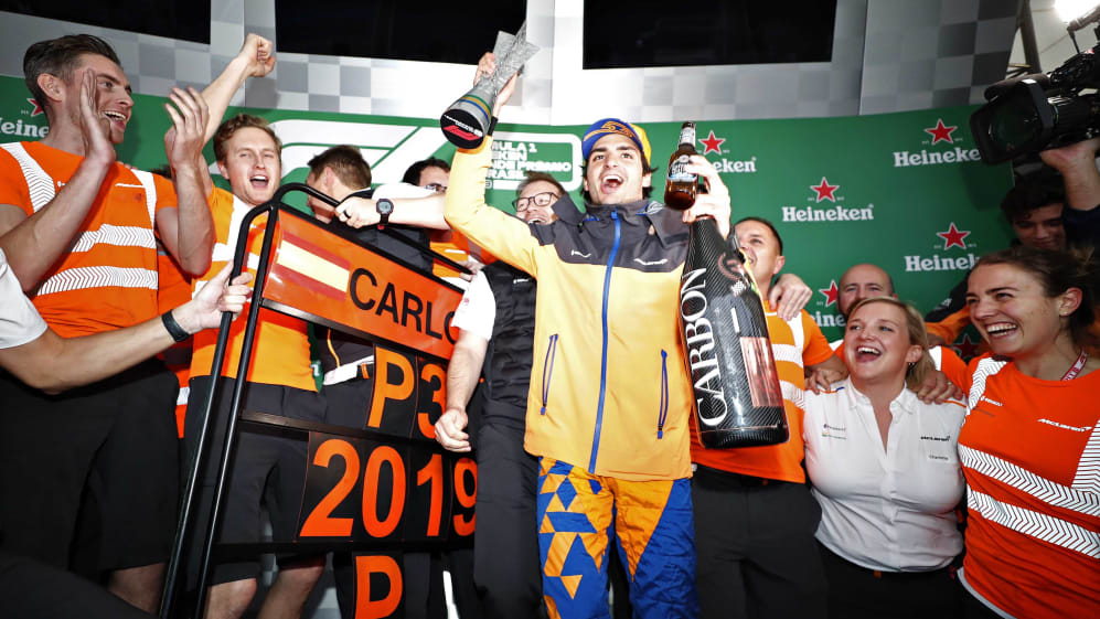 SAO PAULO, BRAZIL - NOVEMBER 17: Carlos Sainz of Spain and McLaren F1 celebrates after later being