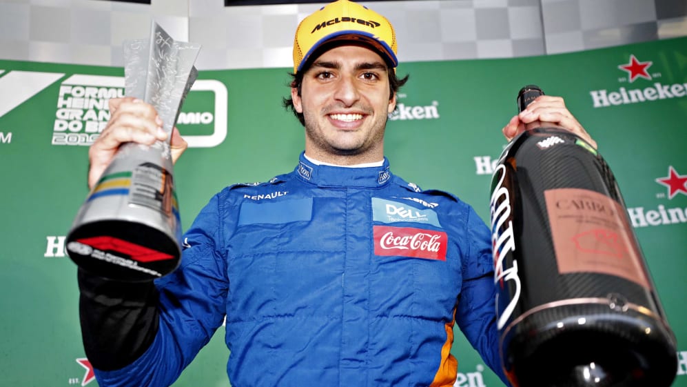 SAO PAULO, BRAZIL - NOVEMBER 17: Carlos Sainz of Spain and McLaren F1 celebrates after later being