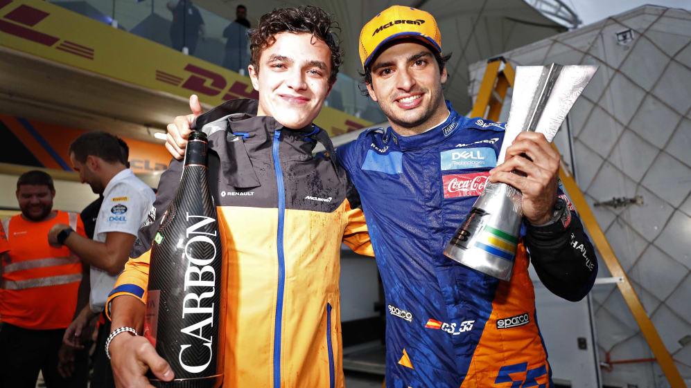 SAO PAULO, BRAZIL - NOVEMBER 17: Carlos Sainz of Spain and McLaren F1 celebrates after later being