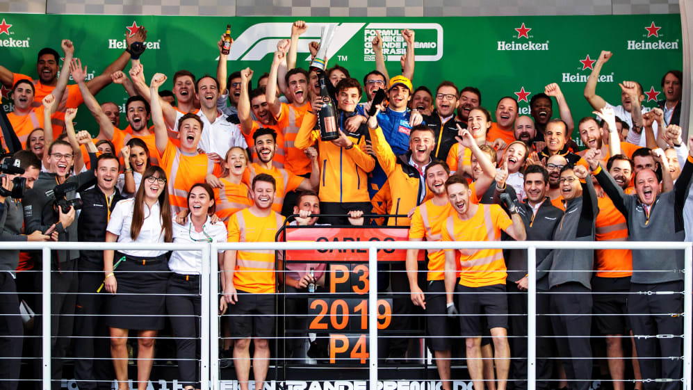 SAO PAULO, BRAZIL - NOVEMBER 17: Carlos Sainz of Spain and McLaren F1 celebrates after later being