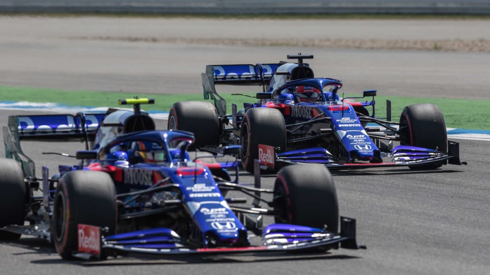 HOCKENHEIMRING, GERMANY - JULY 26: Alexander Albon, Toro Rosso STR14, leads Daniil Kvyat, Toro