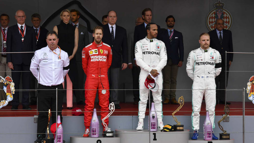 MONTE CARLO, MONACO - MAY 26: Ron Meadows, Sporting Director, Mercedes AMG, Sebastian Vettel,