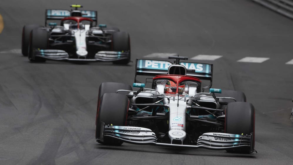 MONTE CARLO, MONACO - MAY 26: Lewis Hamilton, Mercedes AMG F1 W10, leads Valtteri Bottas, Mercedes