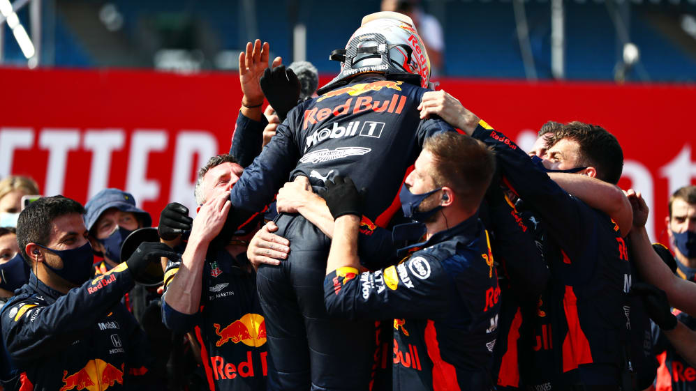 NORTHAMPTON, ENGLAND - AUGUST 09: Race winner Max Verstappen of Netherlands and Red Bull Racing