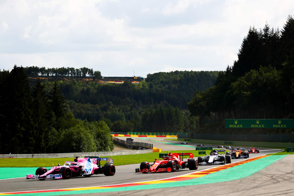 SPA, BELGIUM - AUGUST 30: Sergio Perez of Mexico driving the (11) Racing Point RP20 Mercedes leads