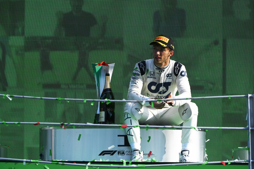 Race winner Pierre Gasly celebrates on the podium with the trophy