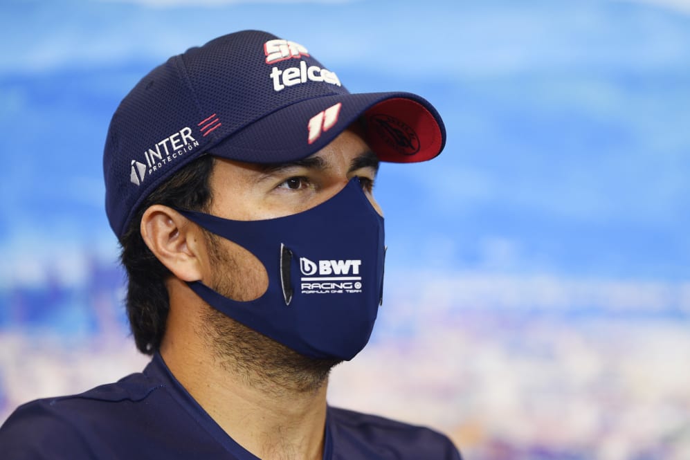 SCARPERIA, ITALY - SEPTEMBER 10: Sergio Perez of Mexico and Racing Point talks in the Drivers Press