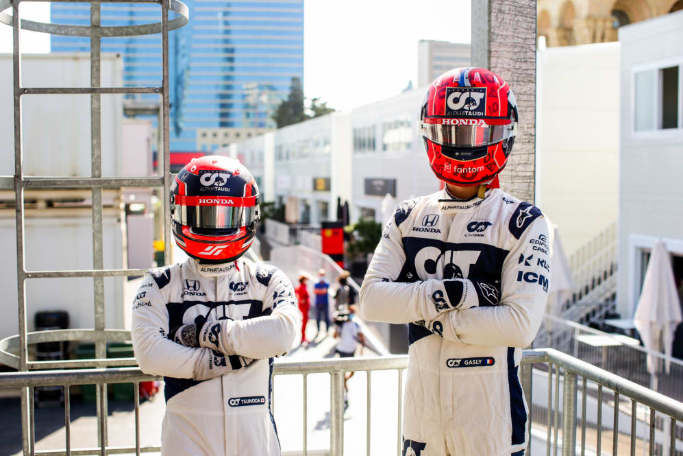 BAKU, AZERBAIJAN - JUNE 03: Yuki Tsunoda of Scuderia AlphaTauri and Japan and Pierre Gasly of