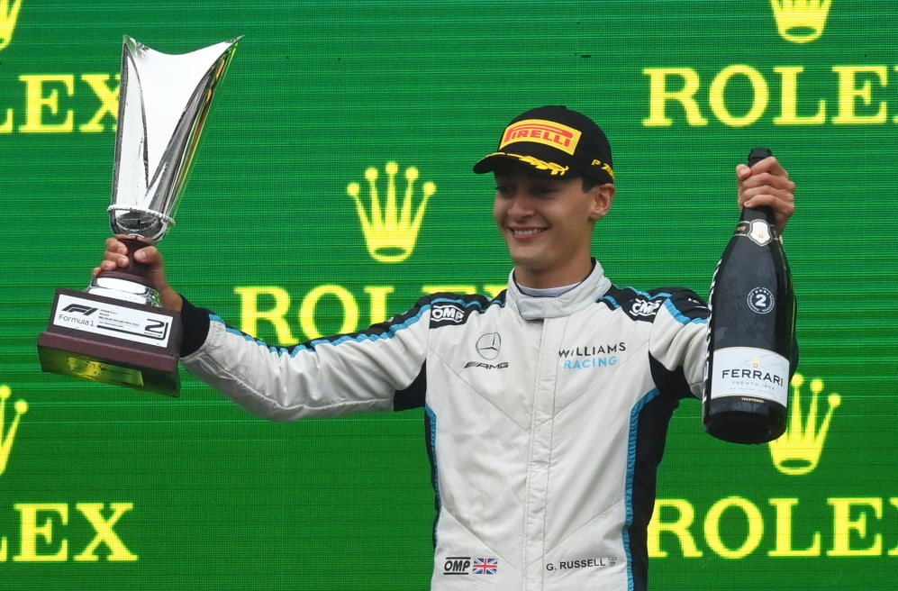 SPA, BELGIUM - AUGUST 29: Second placed George Russell of Great Britain and Williams celebrates on
