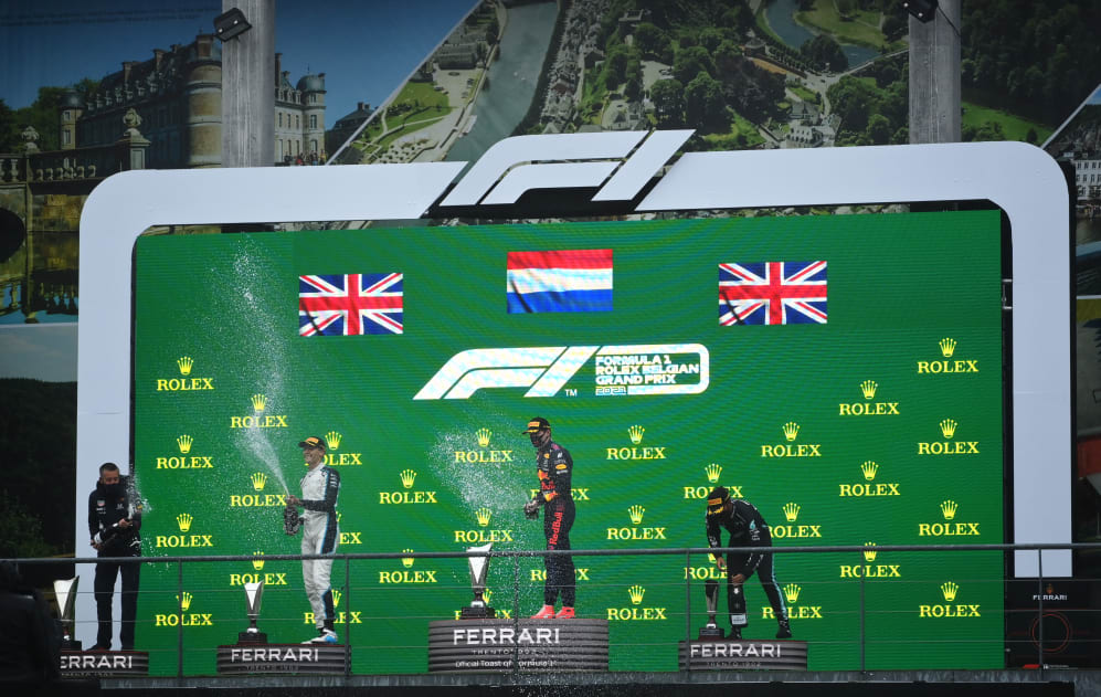 SPA, BELGIUM - AUGUST 29: Race winner Max Verstappen of Netherlands and Red Bull Racing, second