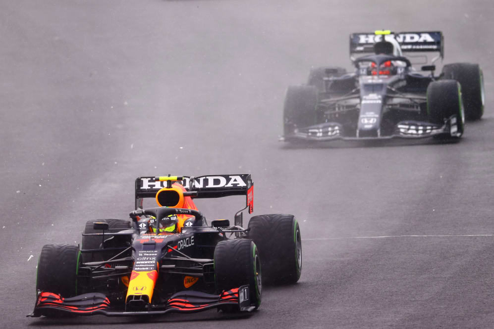 BUDAPEST, HUNGARY - AUGUST 01: Sergio Perez of Mexico driving the (11) Red Bull Racing RB16B Honda