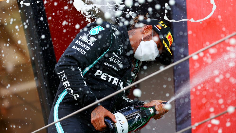 BARCELONA, SPAIN - MAY 09: Lewis Hamilton of Great Britain Mercedes AMG Petronas celebrates on