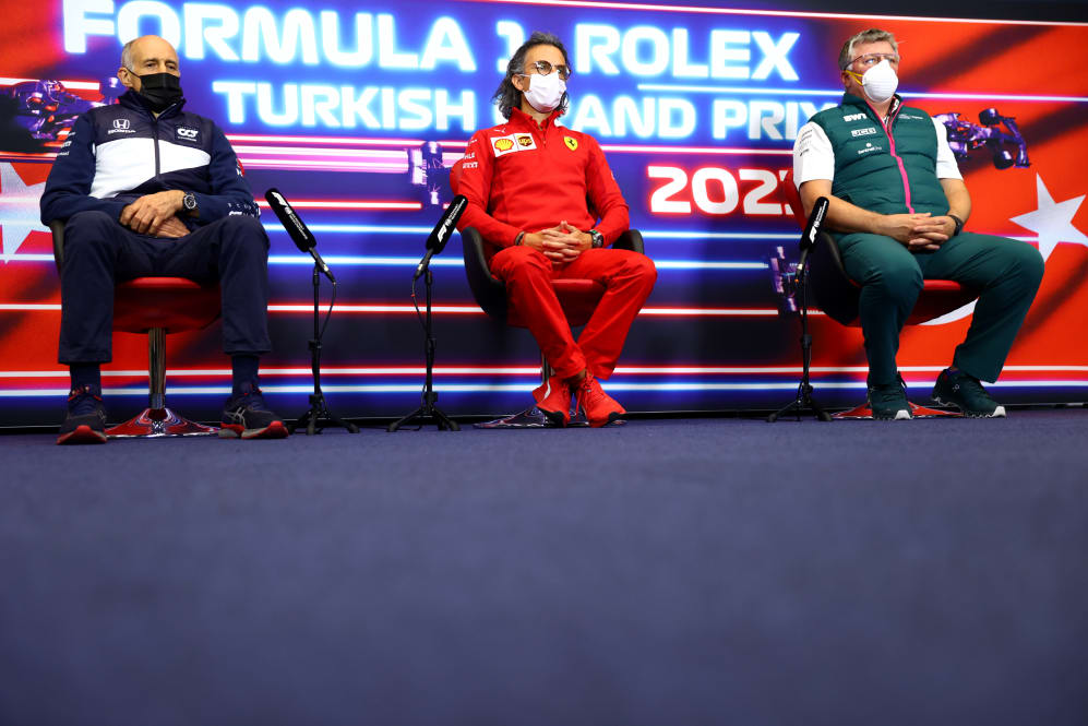 ISTANBUL, TURKEY - OCTOBER 08: Scuderia AlphaTauri Team Principal Franz Tost, Laurent Mekies,