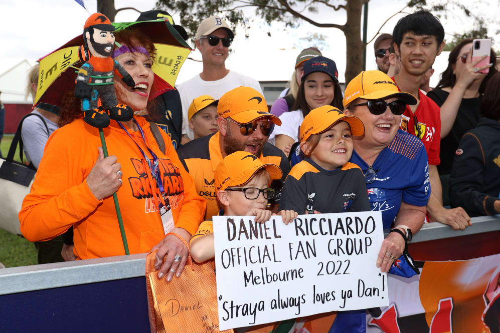 MELBOURNE, AUSTRALIA - APRIL 07: Fans of Daniel Ricciardo of Australia and McLaren hold a sign to