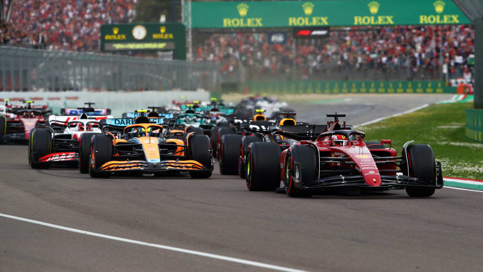 IMOLA, ITALY - APRIL 23: Charles Leclerc of Monaco driving (16) the Ferrari F1-75 leads the field