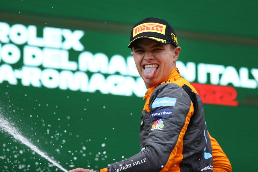 IMOLA, ITALY - APRIL 24: Third placed Lando Norris of Great Britain and McLaren celebrates on the
