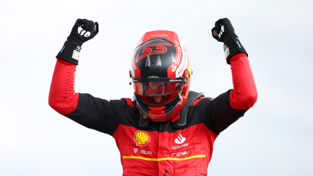 NORTHAMPTON, ENGLAND - JULY 03: Race winner Carlos Sainz of Spain and Ferrari celebrates in parc