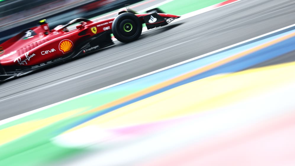 MEXICO CITY, MEXICO - OCTOBER 28: Carlos Sainz of Spain driving (55) the Ferrari F1-75 on track