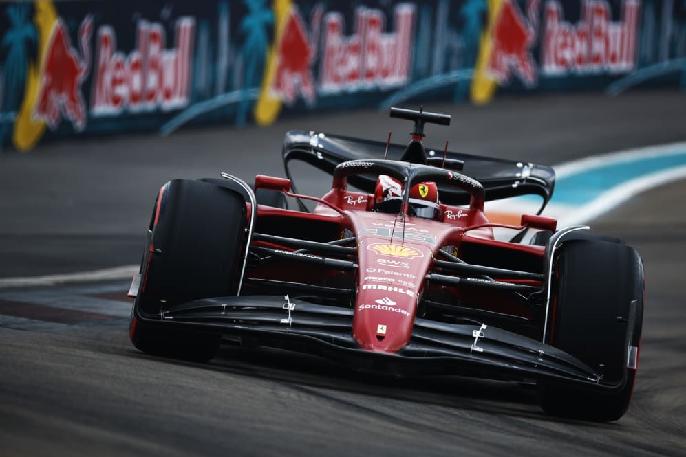 MIAMI, FLORIDA - MAY 07: Charles Leclerc of Monaco driving (16) the Ferrari F1-75 on track during