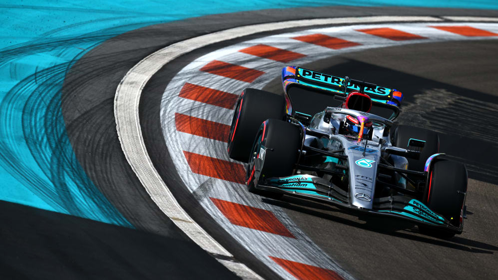 MIAMI, FLORIDA - MAY 07: George Russell of Great Britain driving the (63) Mercedes AMG Petronas F1