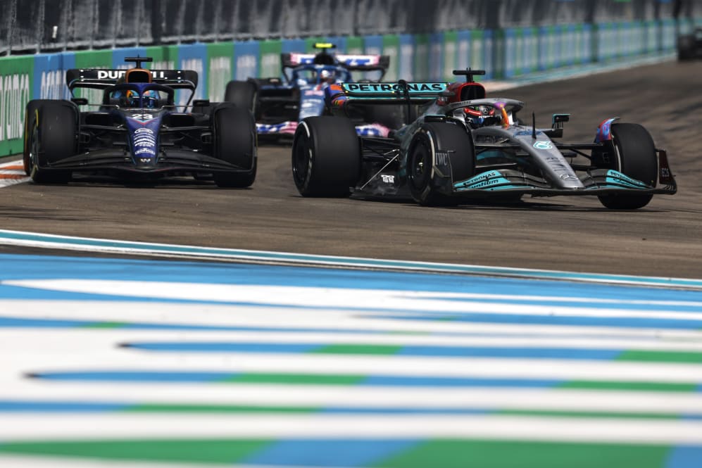 MIAMI, FLORIDA - MAY 08: George Russell of Great Britain driving the (63) Mercedes AMG Petronas F1